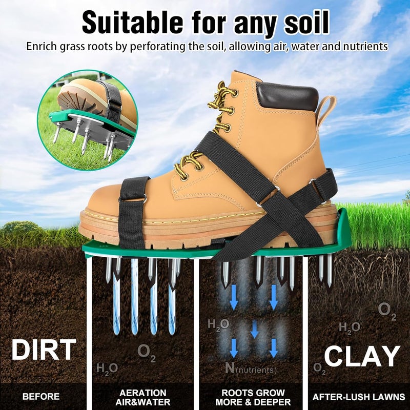 MOFEEZ Lawn Aerator Shoes for Grass - Pre-Assembled Grass Aerator Shoes for Lawn - Soil Yard Aerator Tool for Aerating Patio Garden, Green&Black - Image 4